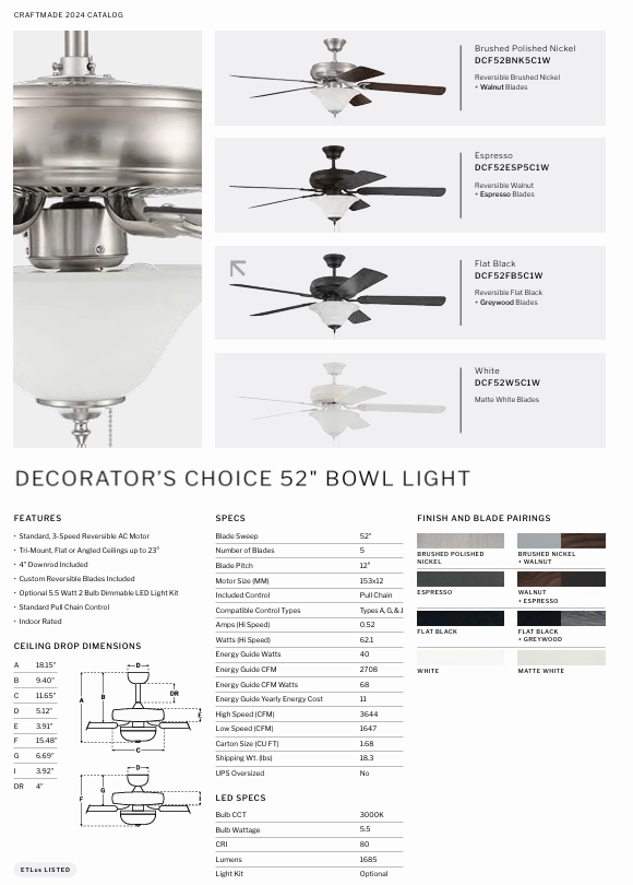 Craftmade Decorator's Choice 52" Pull Chain Ceiling Fan with Dimmable LED Light