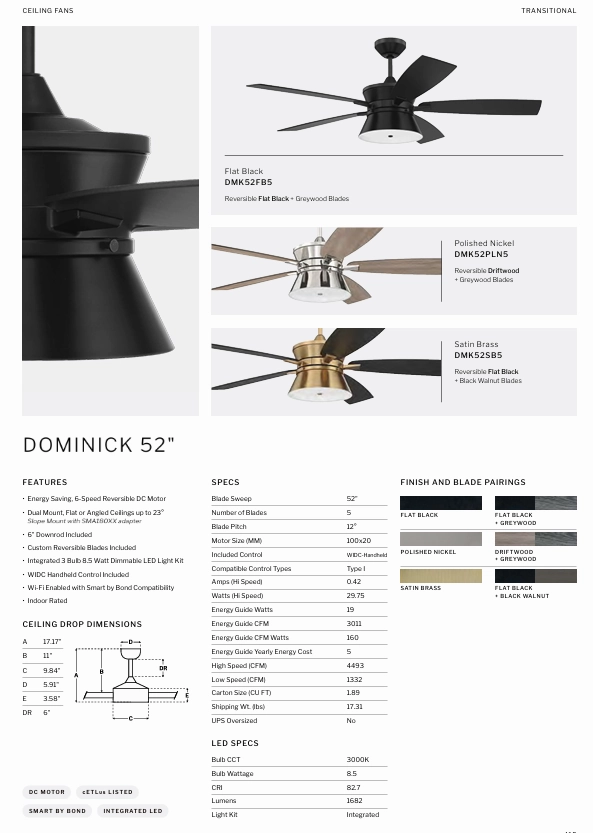 Craftmade Dominick 52" Smart DC Ceiling Fan with LED Light and Remote