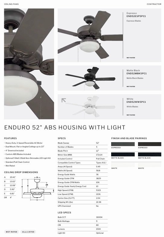 Craftmade Enduro 52" Outdoor Pull Chain Ceiling Fan with 18W LED