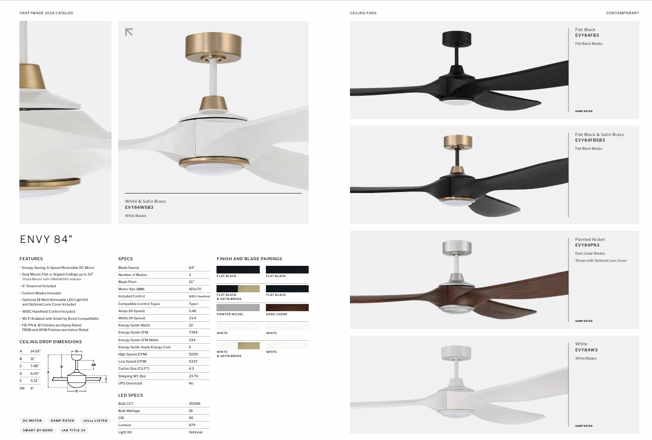 Craftmade Envy Indoor/Outdoor Smart DC Ceiling Fan with 18W LED and Remote