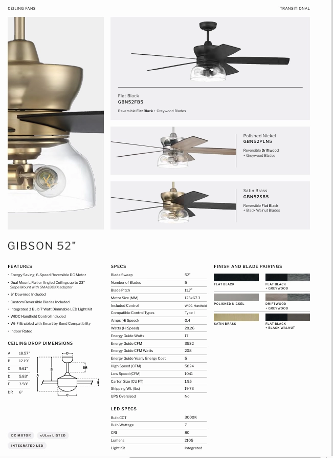Craftmade Gibson 52" Smart DC Ceiling Fan with LED Light and Remote
