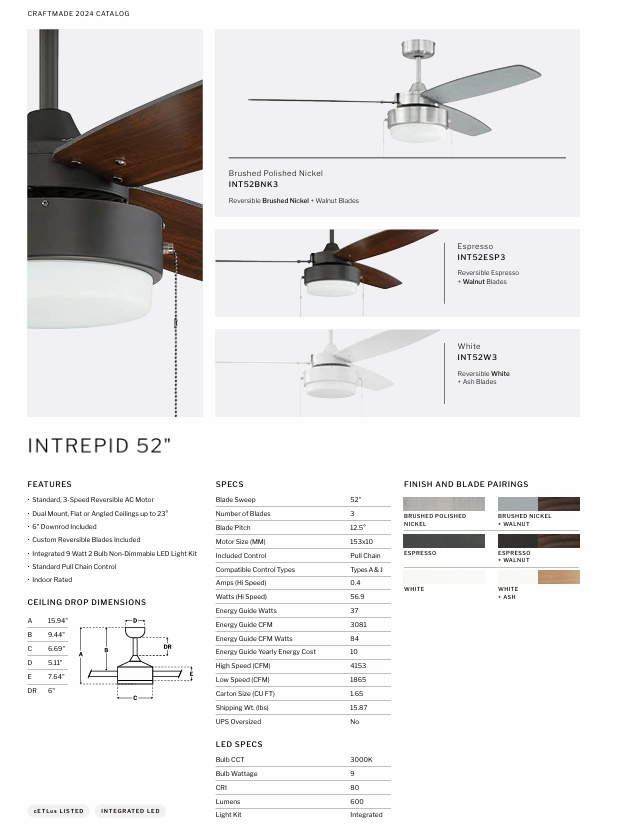 Craftmade Intrepid 52" Pull Chain Ceiling Fan with 9W LED Light