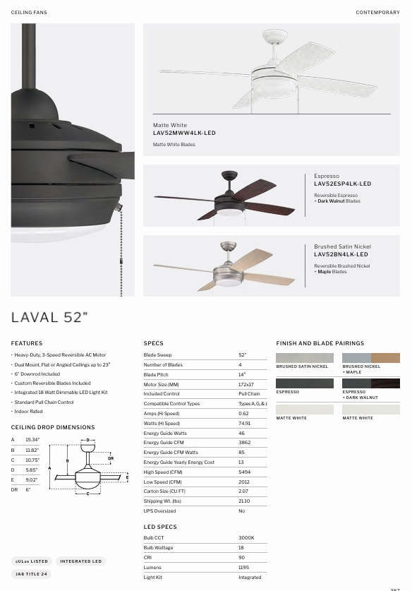 Craftmade Laval Pull Chain pullCeiling Fan with 18W Dimmable LED Light
