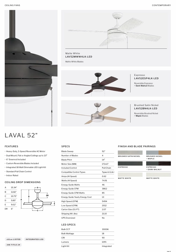 Craftmade Laval Pull Chain pullCeiling Fan with 18W Dimmable LED Light