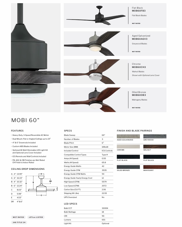 Craftmade Mobi Indoor/Outdoor 60" Ceiling Fan with 18W LED and Remote and Wall Control