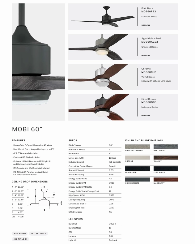 Craftmade Mobi Indoor/Outdoor 60" Ceiling Fan with 18W LED and Remote and Wall Control