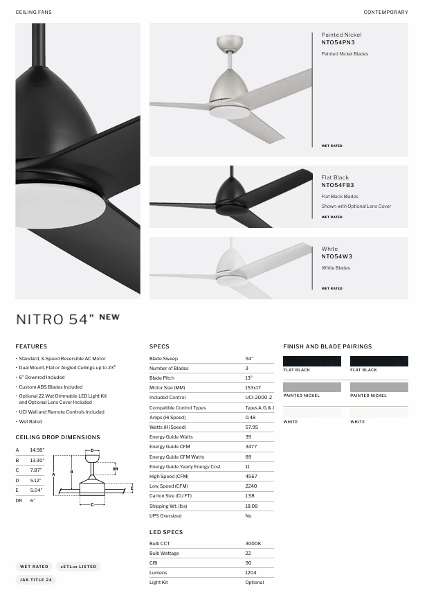 Craftmade Nitro 54" Outdoor Ceiling Fan with 22W LED and Wall plus Remote Control