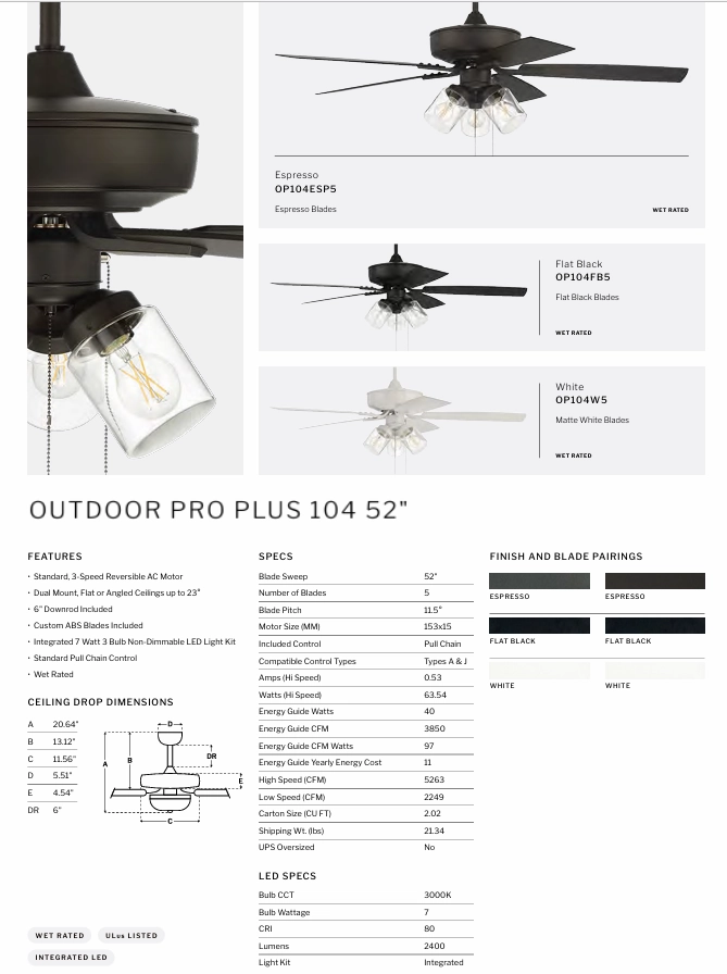 Craftmade Outdoor Pro Plus 104 52" Pull Chain Ceiling Fan with LED Light Kit