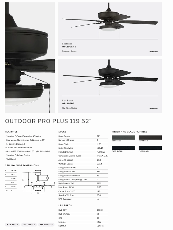 Craftmade Outdoor Pro Plus 119 52" Pull Chain Ceiling Fan with Slim 18W LED