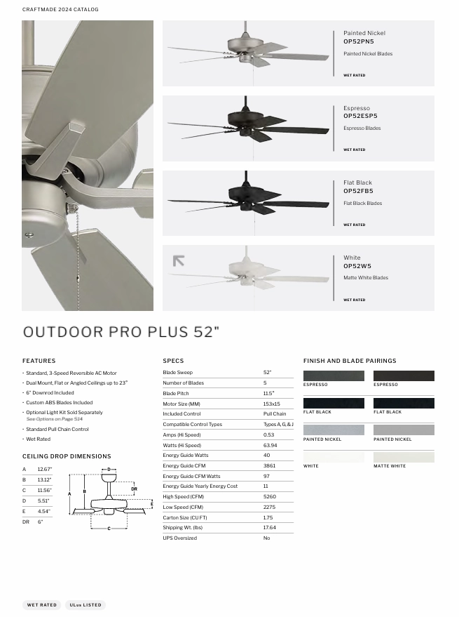 Craftmade Outdoor Pro Plus 52" Pull Chain Ceiling Fan