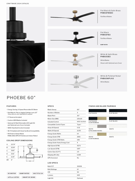 Craftmade Phoebe 60" Indoor/Outdoor Smart DC Ceiling Fan with Remote