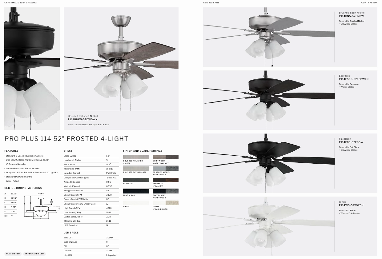 Craftmade Pro Plus 114 52" Pull Chain Ceiling Fan with Frosted 4 Light LED Kit
