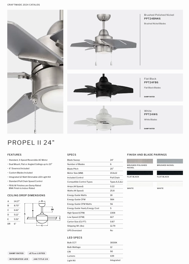 Craftmade Propel II 24" Indoor/Outdoor Pull Chain Ceiling Fan with 12W LED