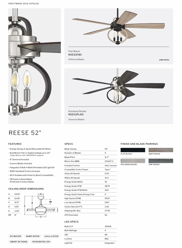 Craftmade Reese 52" Smart Indoor/Outdoor DC Ceiling Fan with LED and Remote