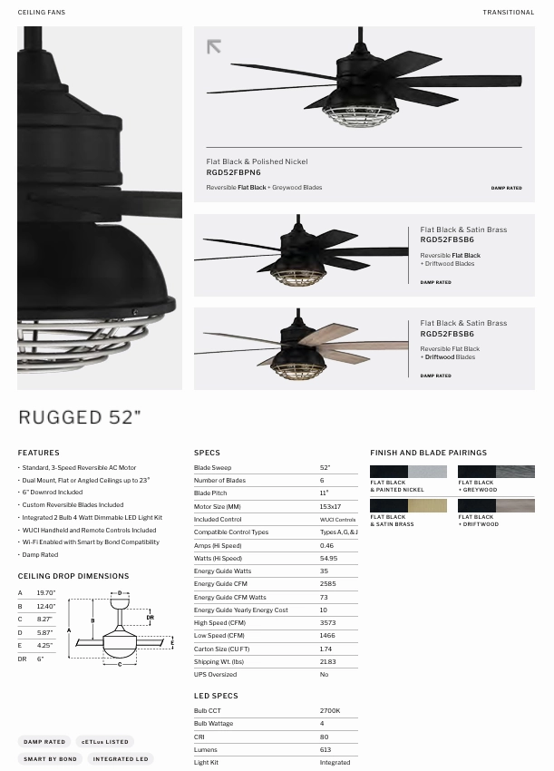 Craftmade Rugged 52" Smart Indoor/Outdoor Ceiling Fan with LED Light and Remote