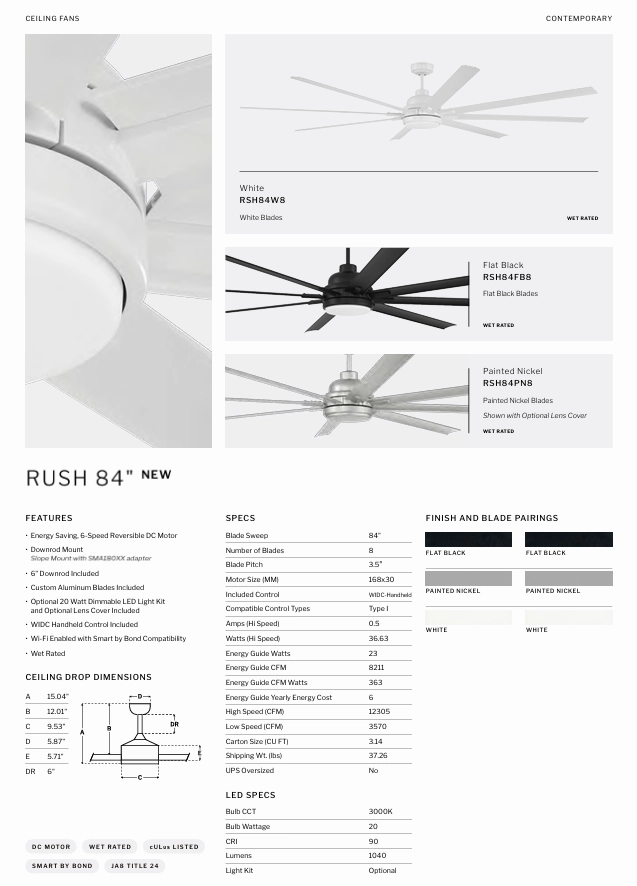 Craftmade Rush Smart Outdoor DC Ceiling Fan with 20W LED Light and Remote