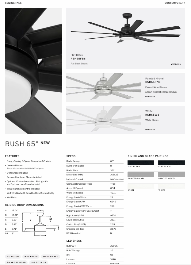Craftmade Rush Smart Outdoor DC Ceiling Fan with 20W LED Light and Remote