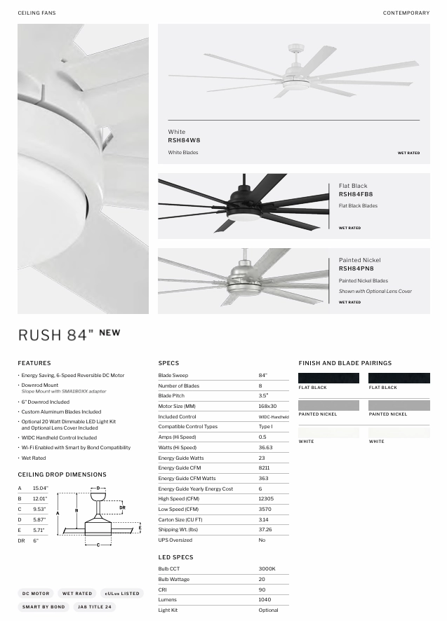 Craftmade Rush Smart Outdoor DC Ceiling Fan with 20W LED Light and Remote
