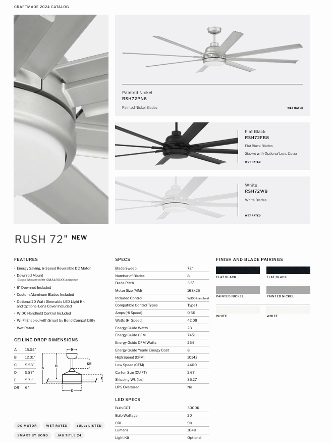 Craftmade Rush Smart Outdoor DC Ceiling Fan with 20W LED Light and Remote
