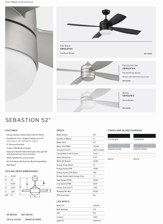 Craftmade Sebastion 52" Smart Outdoor DC Ceiling Fan with LED and Remote