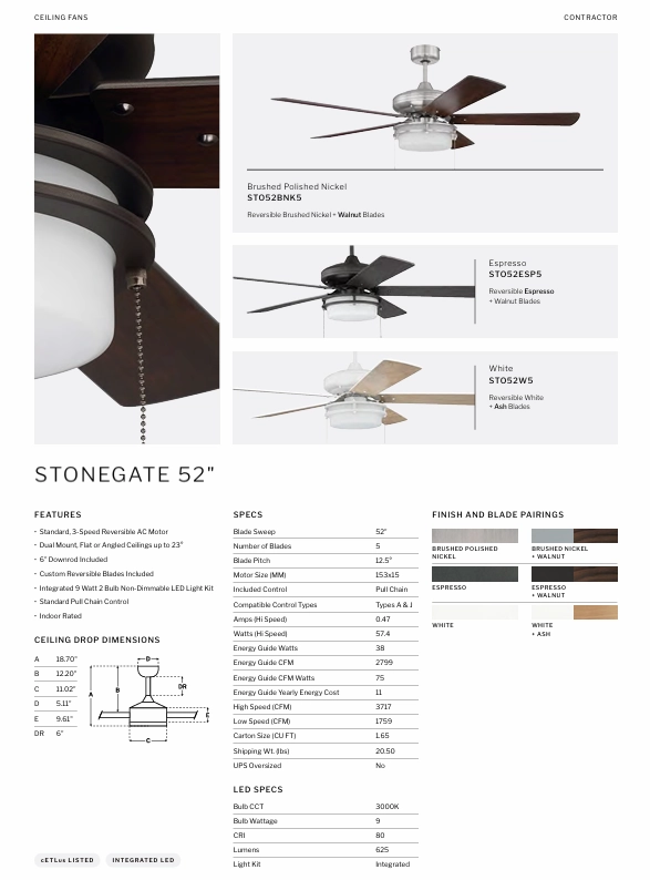 Craftmade Stonegate 52" Pull Chain Ceiling Fan with LED Light