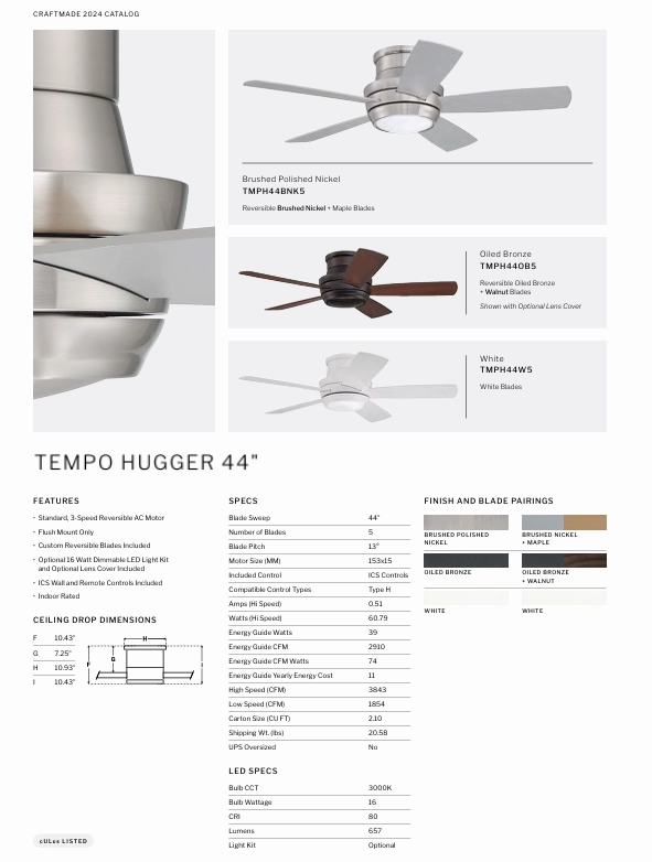 Craftmade Tempo Hugger Flushmount Ceiling Fan with 16W LED plus Wall and Remote Control