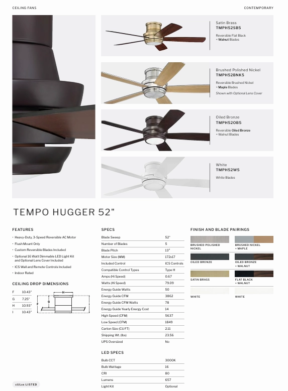 Craftmade Tempo Hugger Flushmount Ceiling Fan with 16W LED plus Wall and Remote Control