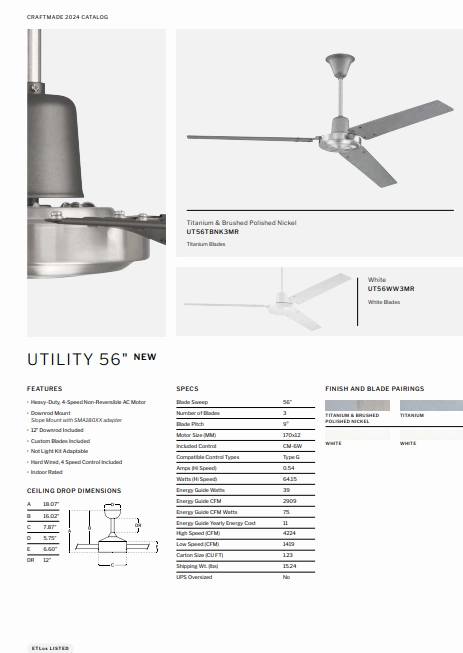 Craftmade Utility 56"  Indoor Hard Wired AC Ceiling Fan