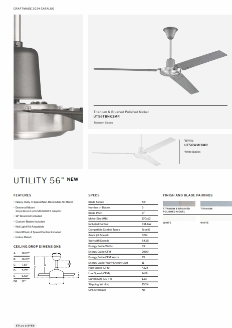 Craftmade Utility 56"  Indoor Hard Wired AC Ceiling Fan