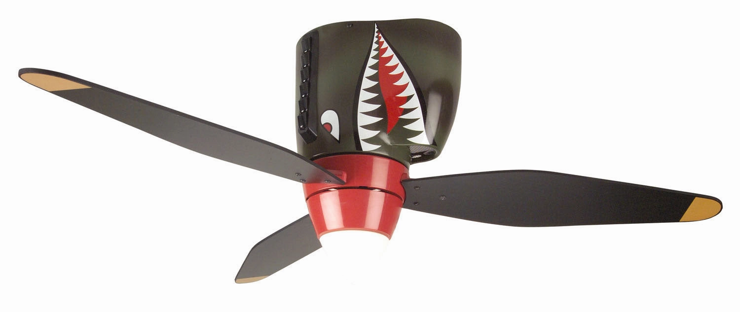 Craftmade WarPlanes 48" Pull Chain Kids Flushmount Ceiling Fan with LED Light in Warbird Black/Tiger Shark outdoor fans store with multiple collections
