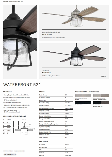 Craftmade Waterfront 52" Indoor/Outdoor AC Ceiling Fan with 22W Dimmable LED Light UCI Wall and Remote Control