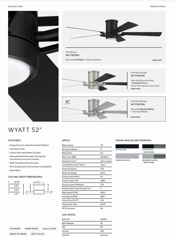 Craftmade Wyatt 52" Smart Indoor/Outdoor Flushmount DC Ceiling Fan with 18W LED and Remote