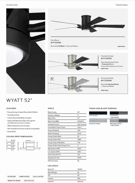 Craftmade Wyatt 52" Smart Indoor/Outdoor Flushmount DC Ceiling Fan with 18W LED and Remote
