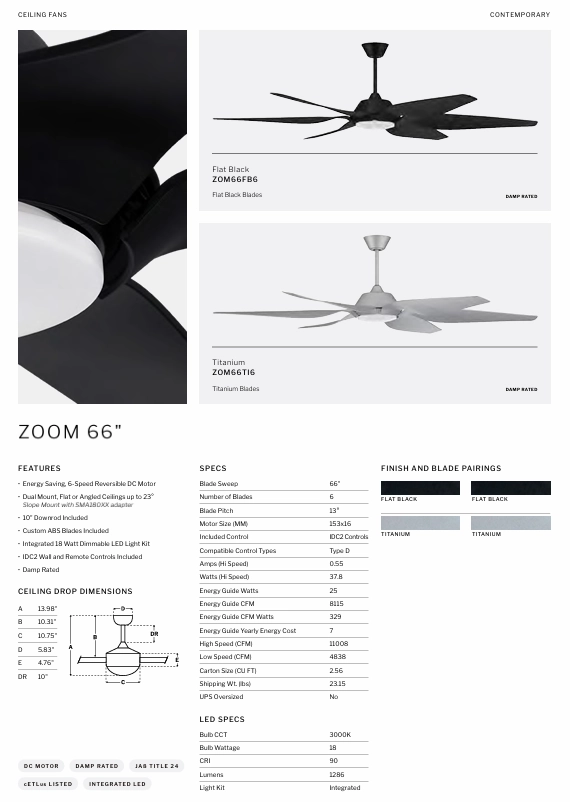 Craftmade Zoom 66" Indoor/Outdoor DC Ceiling Fan with 18W LED Light and Remote