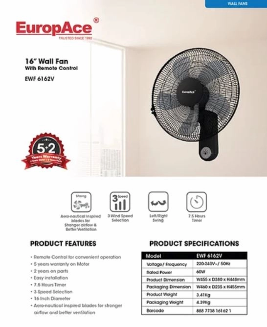 Europace EWF6162V 16 INCH Wall Fan with Remote Control