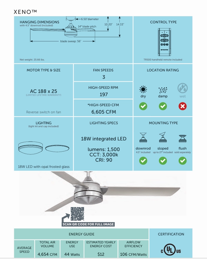 Fanimation 56" Xeno Ceiling Fan with 18W LED Light and Remote Control