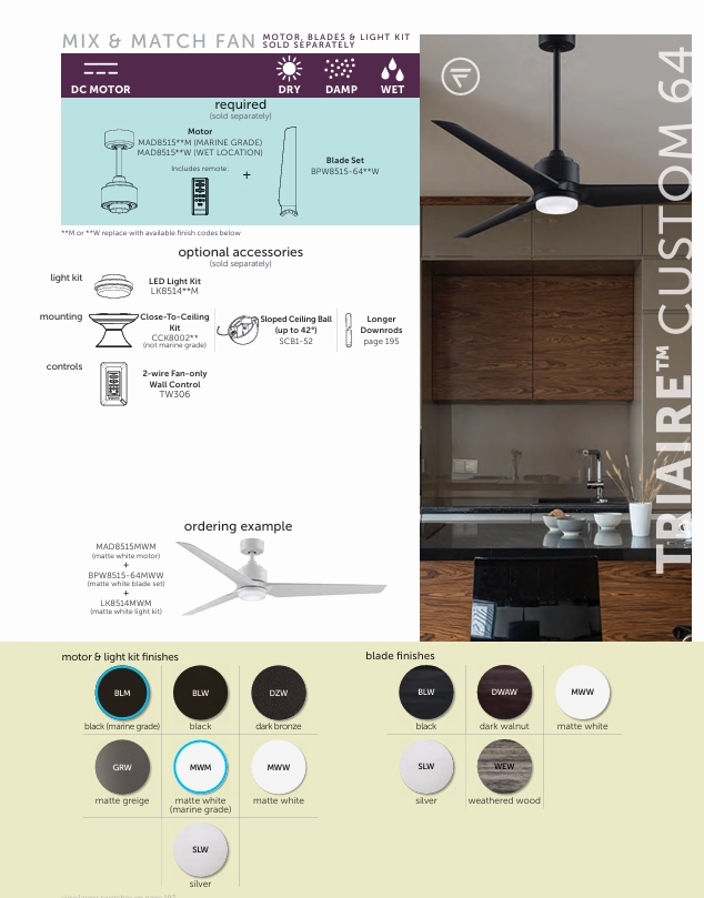 Fanimation 64" TriAire DC Indoor/Outdoor & Marine Grade Mix & Match Ceiling Fan with Remote Control