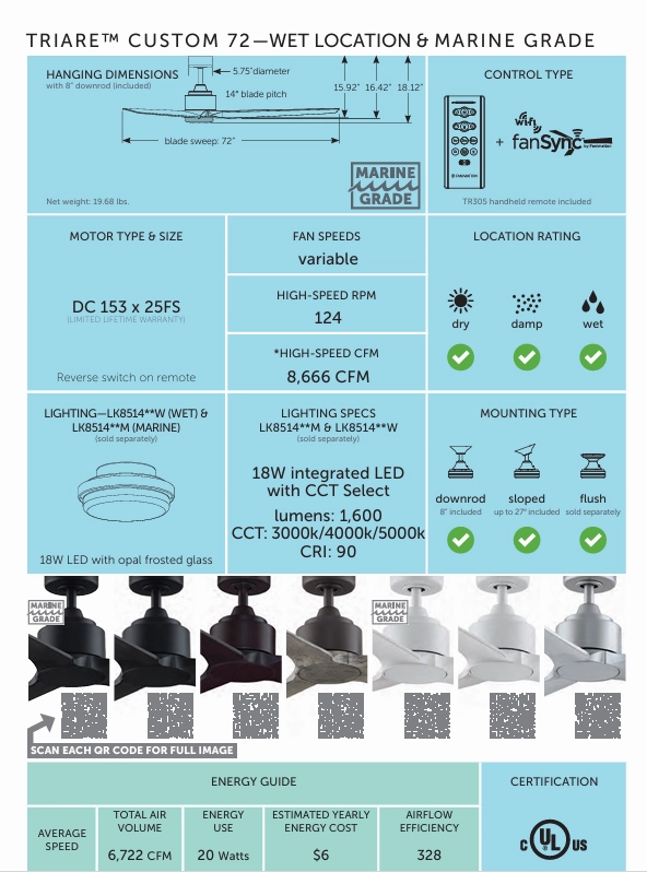 Fanimation 72" TriAire DC Indoor/Outdoor & Marine Grade Mix & Match Ceiling Fan with Remote Control