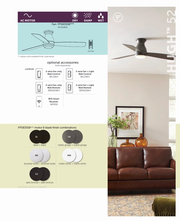 Fanimation Hugh 52" AC Indoor/Outdoor Flushmount Ceiling Fan with 18W LED Light and Remote Control