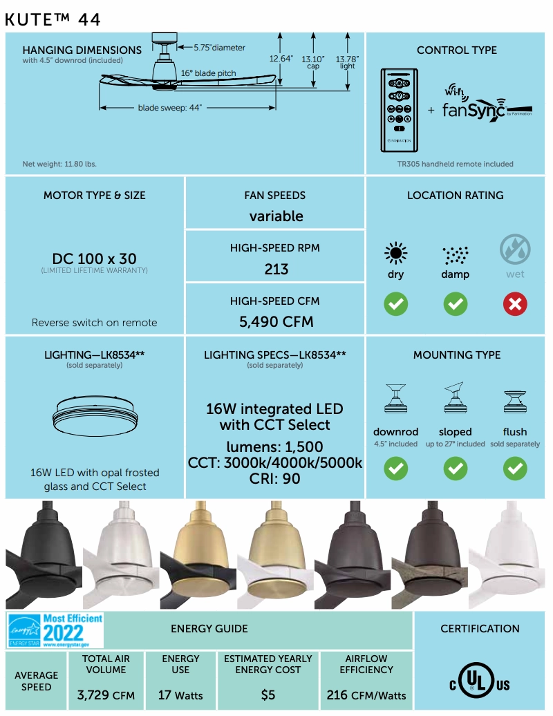 Fanimation Kute DC 3 Blade Ceiling Fan in with Remote Control