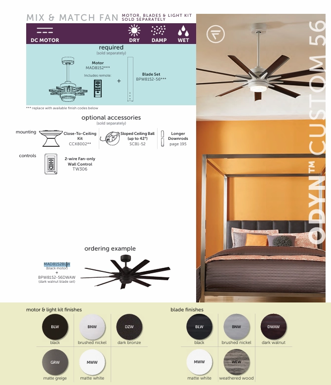 Fanimation Odyn 56" DC Indoor/Outdoor Mix & Match Ceiling Fan with 18W LED Light and Remote Control