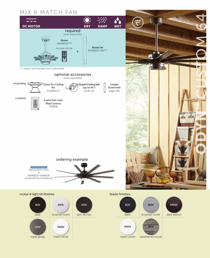 Fanimation Odyn 64" DC Indoor/Outdoor Mix & Match Ceiling Fan with 18W LED Light and Remote Control