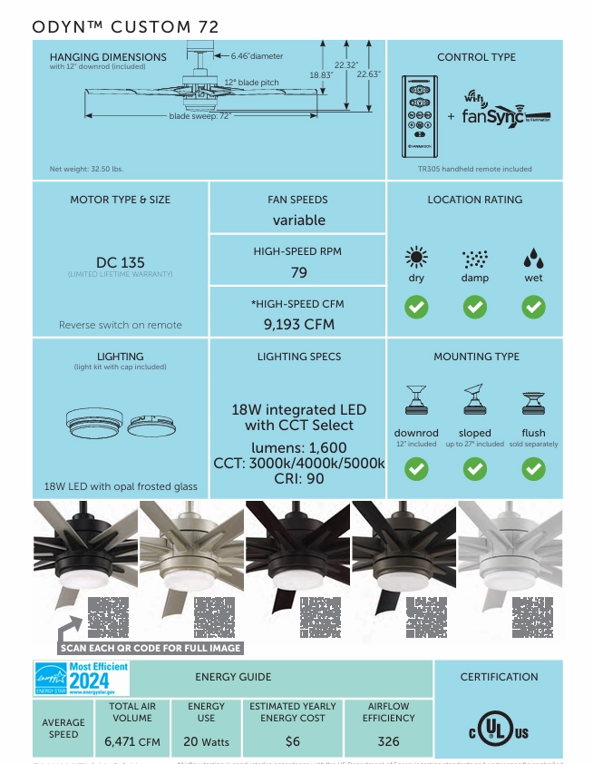 Fanimation Odyn 72" DC Indoor/Outdoor Mix & Match Ceiling Fan with 18W LED Light and Remote Control