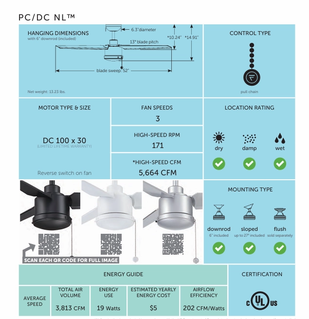 Fanimation PC/DC 52" Pull Chain Outdoor Ceiling Fan
