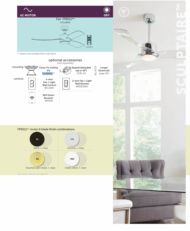 Fanimation SculptAire 52" Indoor//Outdoor Ceiling Fan with 18W LED Light and Remote Control