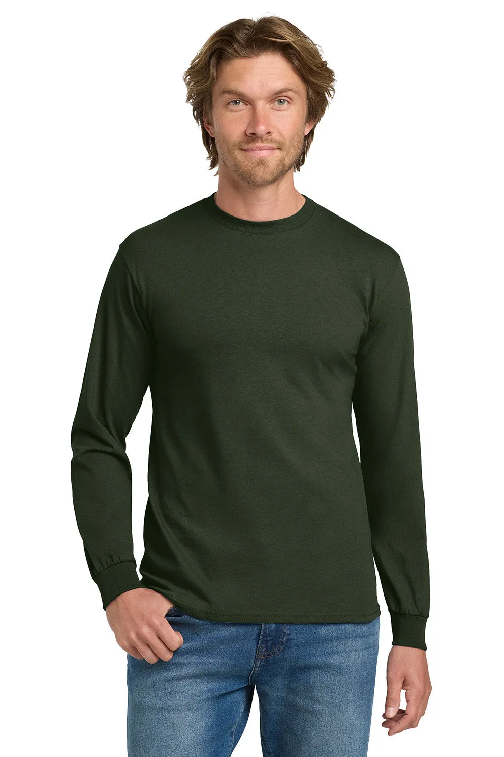 Gildan Mens Long Sleeve Crewneck T-Shirt - Forest Green  Affordable Clothing Gildan