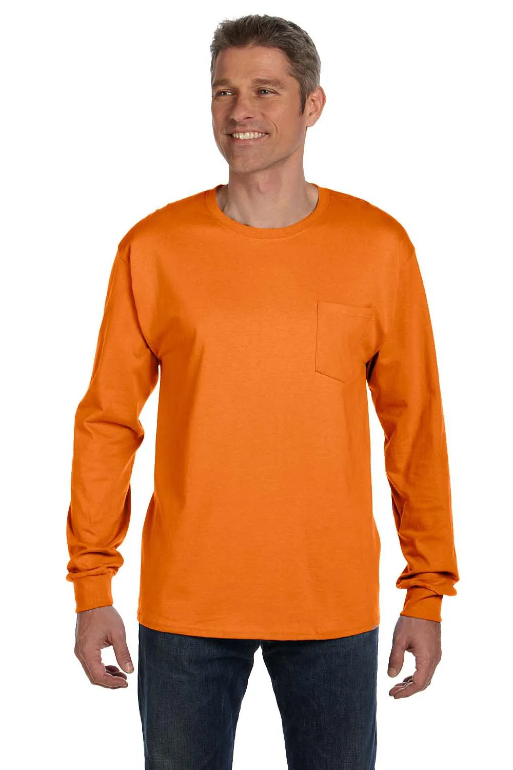 Hanes Mens ComfortSoft Long Sleeve Crewneck T-Shirt w/ Pocket - Orange  Best cheap Clothing Hanes