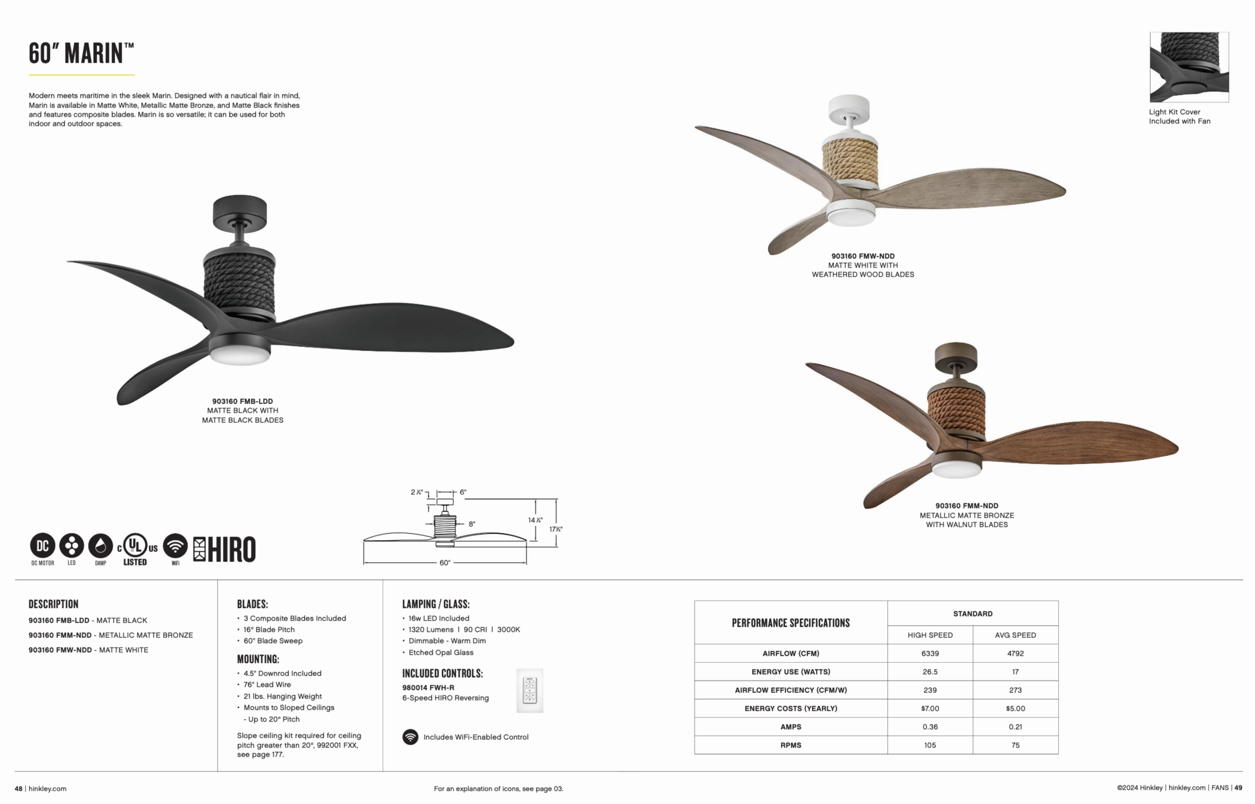 Hinkley Fan Marin 60" Indoor/Outdoor Smart DC LED Ceiling Fan with Hiro Control