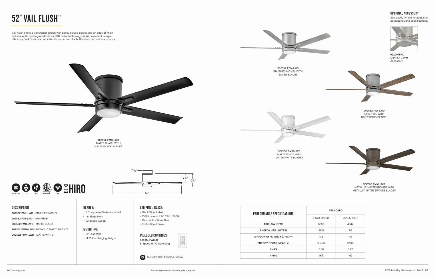 Hinkley Fan Vail Flushmount 52" Smart Outdoor DC 16W LED Ceiling Fan with Hiro Control