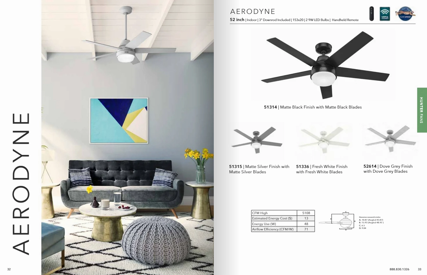 Hunter Fan Aerodyne 52" Smart Ceiling Fan with 18W LED and Remote